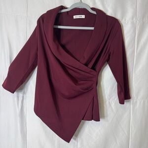 Grace Karin Burgundy Wrap Style Top Size M 3/4 Sleeve Asymmetrical Hem